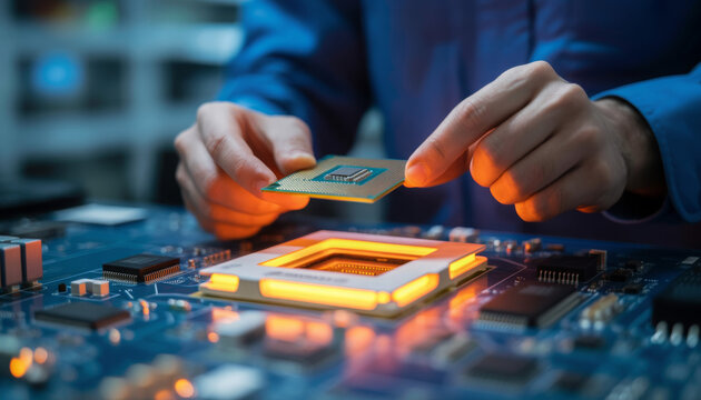 Technician holds processor above circuit board. Man works in tech laboratory with motherboard, microchips. Engineer checks hardware, tests computer electronics for performance, quality. Server 