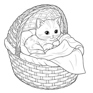 Adorable fluffy kitten comfortably resting in a cozy woven basket with a soft blanket, perfect for a heartwarming coloring activity
