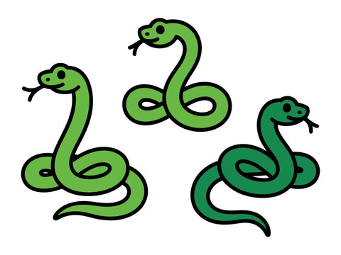 Three cartoon snakes are drawn in simple green outlines on a white background.