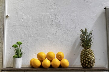View of a pineapple, oranges, and a succulent plant stand against a textured white wall, creating a vibrant and refreshing display, Obidos, Leiria District, Portugal.