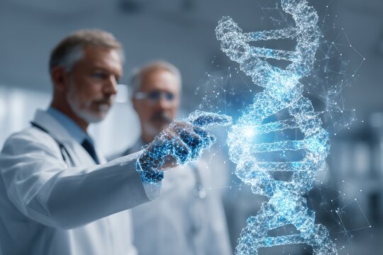 Physician And Patient Examine A Holographic Dna Model,
