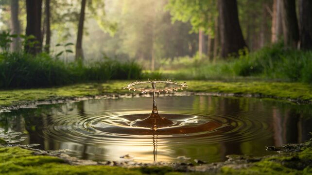 Cinematic nature photography capturing water drop splash in mossy forest pond