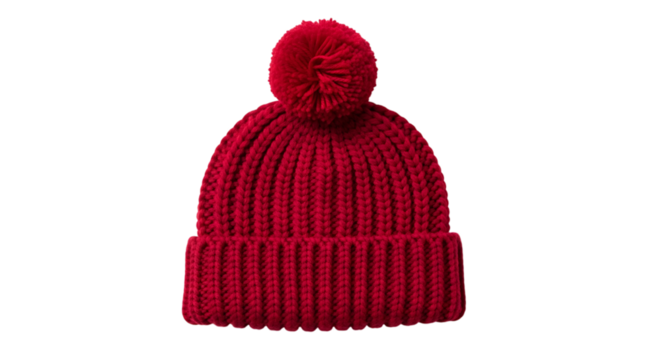 Bright red knitted winter beanie with a fluffy pom-pom on top, cutout, PNG isolated on white or transparent background