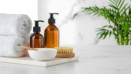 Minimalist skincare flat lay with amber serum bottles and face cream on marble high resolution photo