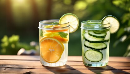 Fototapeta premium refreshing citrus cucumber infused water outdoors