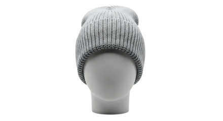 Light Gray Ribbed Knit Beanie Hat on White Mannequin Head, cutout, PNG isolated on white or transparent background