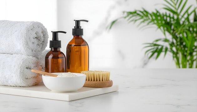 Minimalist skincare flat lay with amber serum bottles and face cream on marble high resolution photo