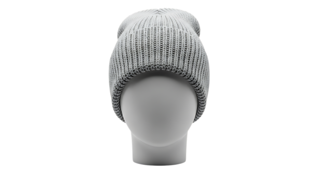 Light Gray Ribbed Knit Beanie Hat on White Mannequin Head, cutout, PNG isolated on white or transparent background