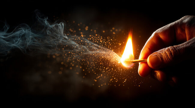 hand holding a lit match on a dark background