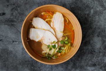 Wholesome Chicken Noodle Soup in Ceramic Bowl With Fresh Greens and Carrot Garnish