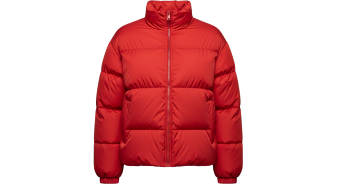 Red Puffer Jacket with Zipper and High Collar, cutout, PNG isolated on white or transparent background