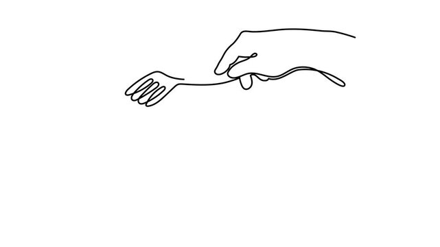 Hand holds frying pan one line aranimation, hand-drawn  kitchenware continuous drawing contour motion. Non-stick cookware, chef's palm cooking utensils food preparation home-cooked cuisine