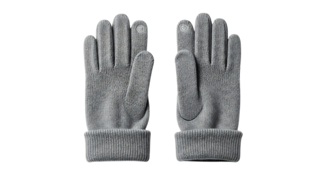 Pair of gray knitted gloves with ribbed cuffs and touch screen fingertips, cutout, PNG isolated on white or transparent background
