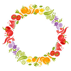 Round frame of vegetables and fruits a bright vector illustration featuring a circular border composed of diverse vegetables and fruits, vivid colors, clean lines, and balanced composition for eye