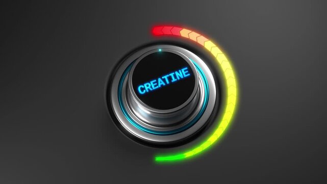 3D animation of a rising creatine level on a color dial from green to red. Ideal for fitness, muscle performance, strength, or bodybuilding visuals.