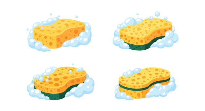 Four colorful cleaning sponges surrounded by foamy bubbles isolated on white