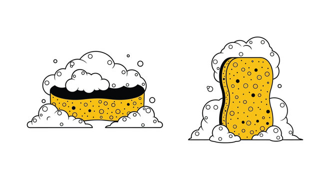 Two cartoon beer mugs with overflowing foam simple black and yellow design