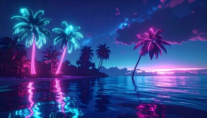 Surreal neon palm trees reflecting in calm ocean water at night high resolution photo