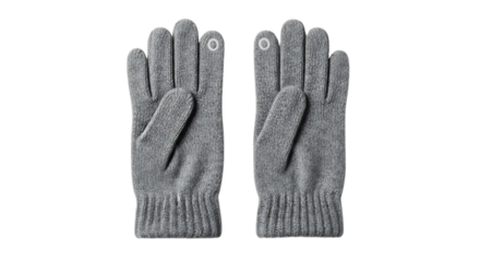 Pair of grey knitted gloves with ribbed cuffs and white circular accents on index fingers, cutout, PNG isolated on white or transparent background