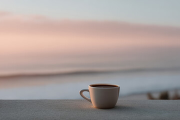steaming cup of coffee sits gracefully on clean background framed by mesmerizing sunset over ocean