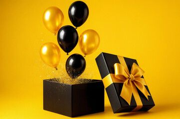 Black gift box with glossy yellow and black balloons and glitter on a yellow background