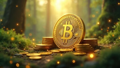 Gold bitcoin coin stands with coins in forest. Cryptocurrency digital money concept at nature. Bitcoin physical coin in sunlight. Finance tech and future.