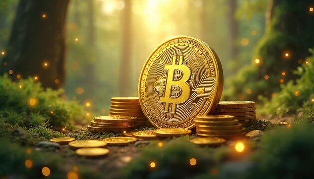 Gold bitcoin coin stands with coins in forest. Cryptocurrency digital money concept at nature. Bitcoin physical coin in sunlight. Finance tech and future.