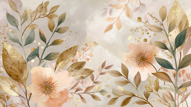 Elegant abstract floral Christian background for bible verses, soft watercolor texture, gold accents, botanical olive branches, pastel peach and beige palette, high detail, modern feminine style