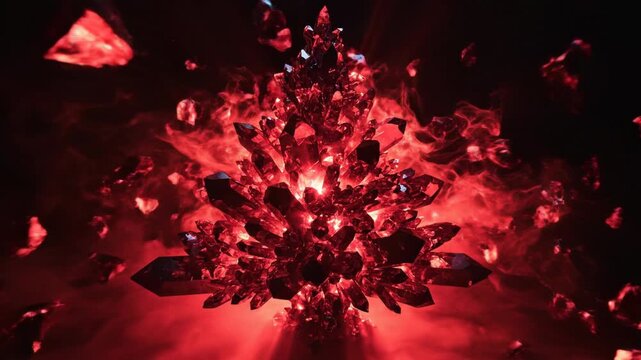 red crystal formation glowing with light rays emerging from center surrounded by smoke in dark background