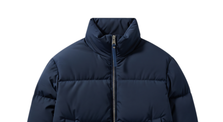 Close up of a navy blue puffer jacket with a silver zipper and high collar, cutout, PNG isolated on white or transparent background