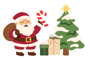 Santa Claus with gifts and Christmas tree illustration, cute festive holiday art. Cheerful Santa Claus holding candy cane next to decorated Christmas tree and wrapped gifts. Cozy winter holiday scene 