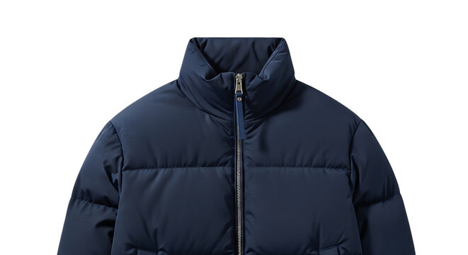 Close up of a navy blue puffer jacket with a silver zipper and high collar, cutout, PNG isolated on white or transparent background