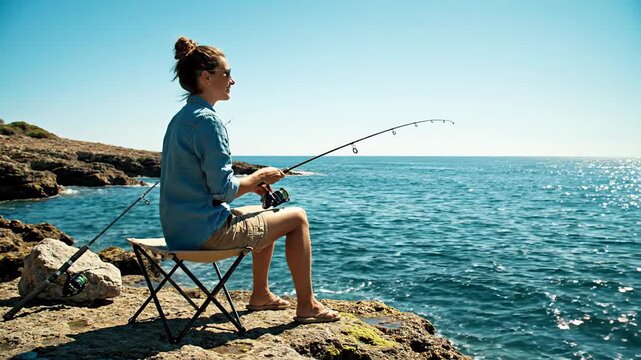 View of an attractive female angler perched on a collapsible chair, casually fishing with a rod on a bright and sunny day. Enjoying a peaceful outdoor pastime