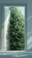 Christmas New Year Snowy Room with Open Door Revealing Christmas Tree Vertical Concept