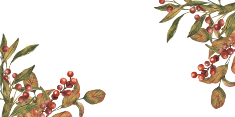 Frame with hand drawn botanical berries branch. watercolor leaves and red berries. Vintage watercolor style with soft earthy green and red palette. Template for branding card, design, arts