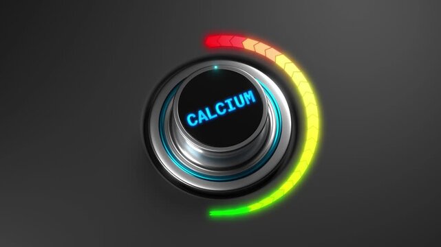 3D animation of a rising calcium level on a color dial from green to red. Ideal for health, nutrition, bone strength, or wellness-related visuals.