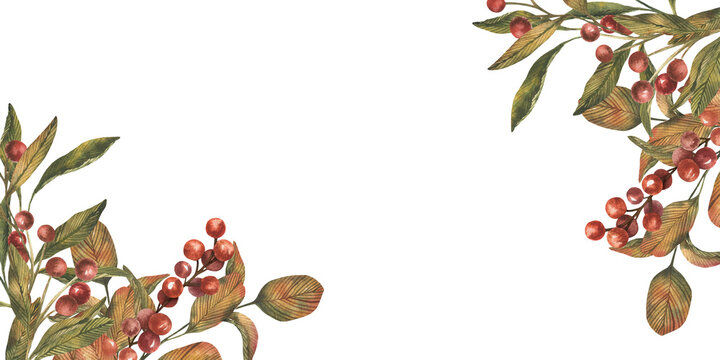 Frame with hand drawn botanical berries branch. watercolor leaves and red berries. Vintage watercolor style with soft earthy green and red palette. Template for branding card, design, arts