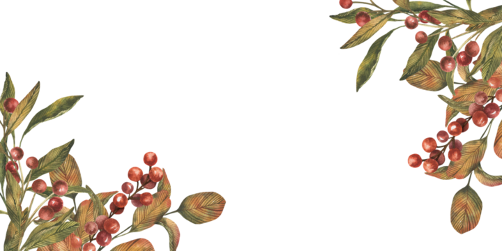 Frame with hand drawn botanical berries branch. watercolor leaves and red berries. Vintage watercolor style with soft earthy green and red palette. Template for branding card, design, arts