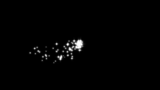 Luxury white glitter sparkles line trail animation, magic sparkles glitter stars, fast glowing line motion, white blinking stars, magic dust with Christmas stars isolated on a black screen. 4K