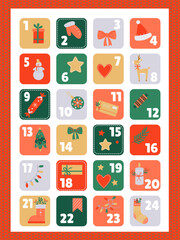 A bright Christmas advent calendar for children with numbers and cute New Year illustrations