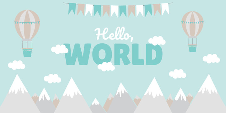 Banner for the birth of a baby with a balloon, garland, and mountains