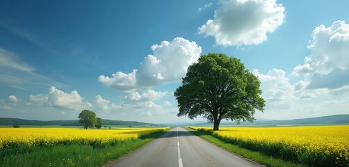 Straight road through yellow field, green grass. Large tree on right side of asphalt road. Blue sky with white clouds. Mountain range in background. Empty highway with white line in center. Sunny day