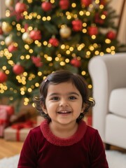 Smiling indian girl toddler in red dress with festive lights and Christmas tree celebrating New Year