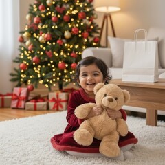 Indian toddler with present by Christmas tree as parents relax on sofa and celebrating multicultural New Year