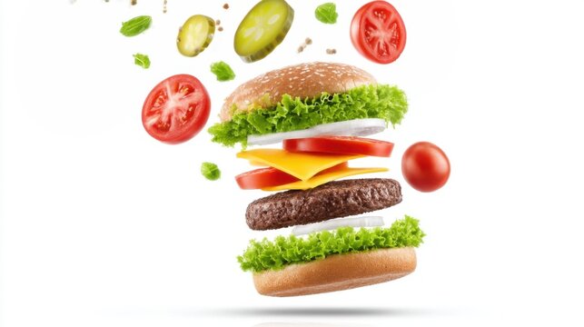 A disassembled burger with ingredients floating in the air on a white background. Fresh ingredients, dynamic composition, and culinary aesthetics.