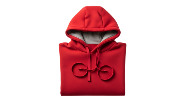 Red hooded sweatshirt with grey lining and circular drawstring design, cutout, PNG isolated on white or transparent background - Powered by Adobe