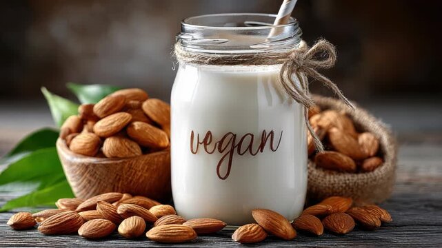 Vegan almond milk served in a vintage glass jar, adorned with rustic twine. A bowl of whole almonds and scattered nuts on a wooden surface evoke a natural, plant based way of living