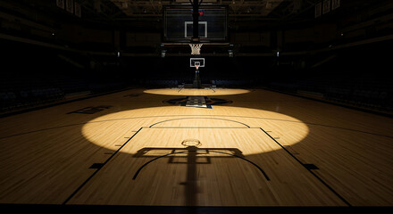 Empty basketball court illuminated by spotlights, focusing on the free throw line and hoop, creating a dramatic and focused atmosphere.