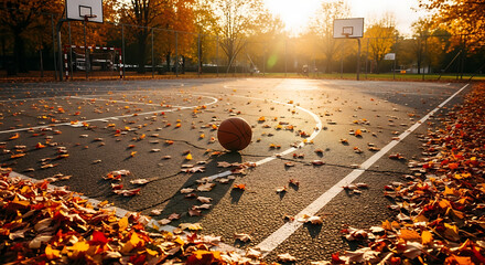 A basketball rests on an outdoor court covered with fallen autumn leaves, bathed in the warm light of the setting sun.