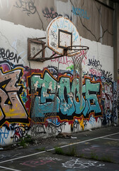 Obraz premium Abandoned basketball hoop and backboard covered in graffiti on a weathered urban court with cracked asphalt.